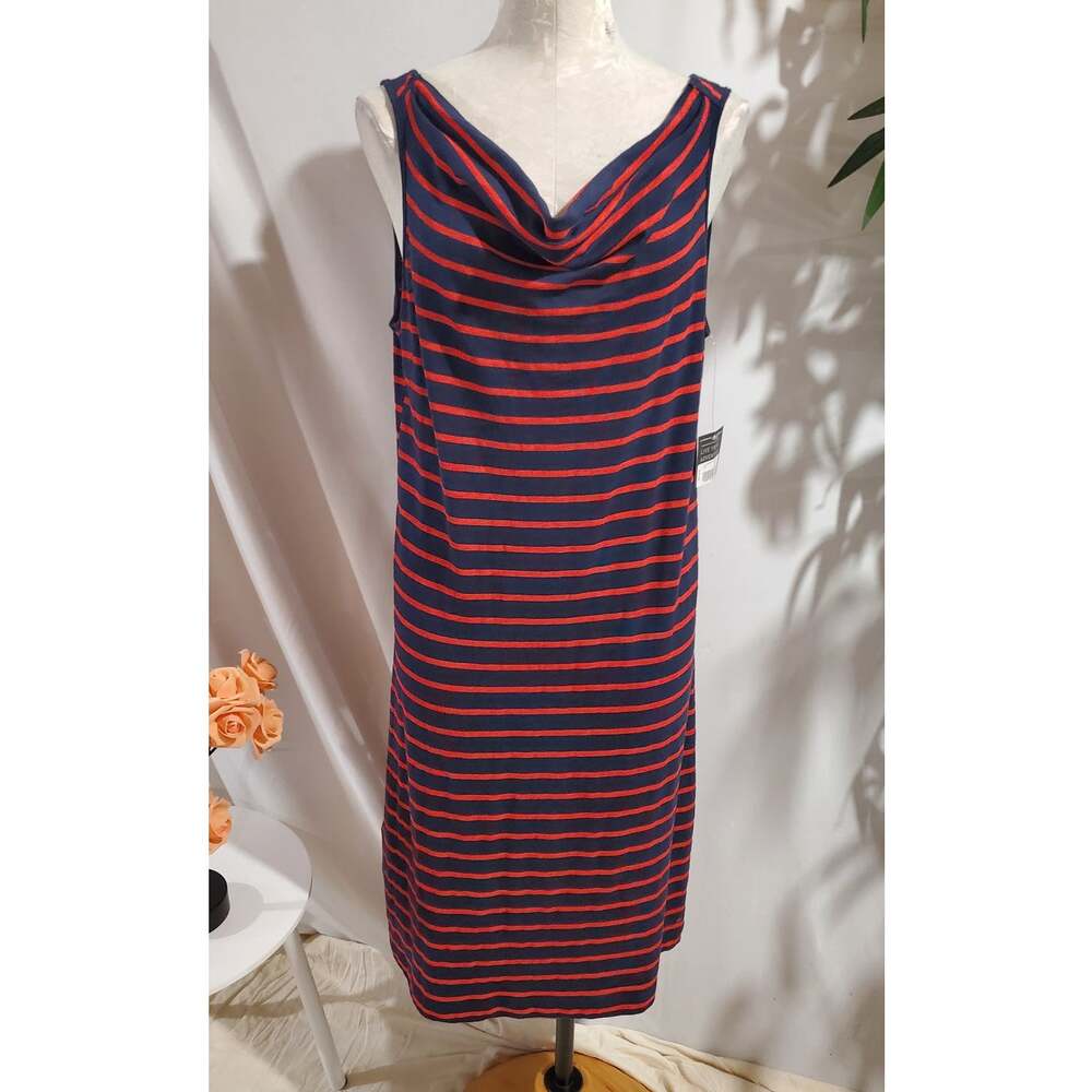 Eddie Bauer NWT Draped Cowl Neck Stripe Dress Size L Blue Red Nautical Coastal